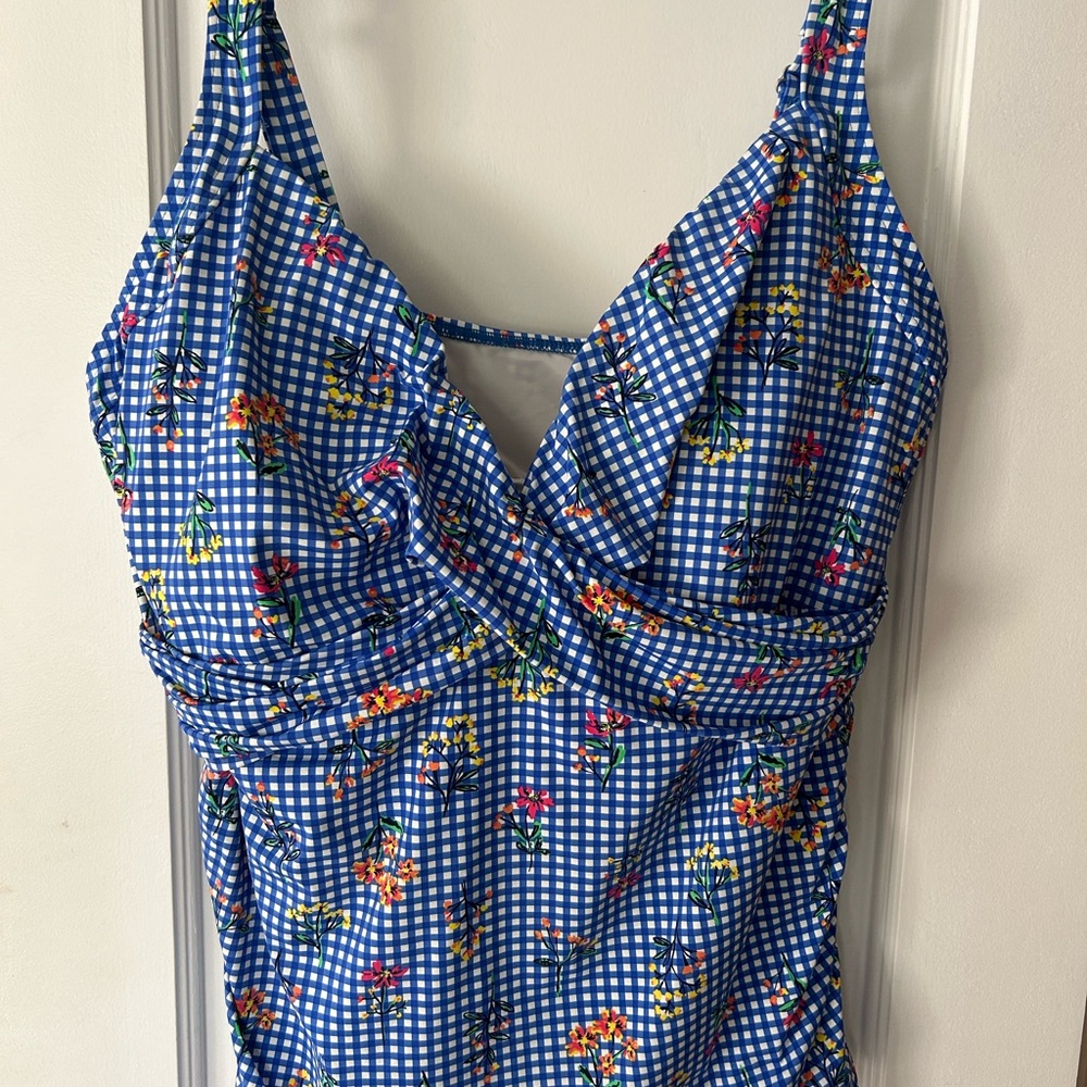 Lands' End Blue Gingham Floral One-Piece Swimsuit